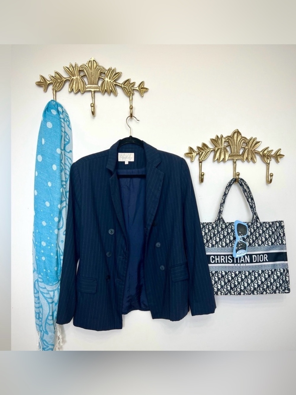 Women’s David Findley Navy Pinstripe Double-Breasted Blazer Jacket Size S ptp 1